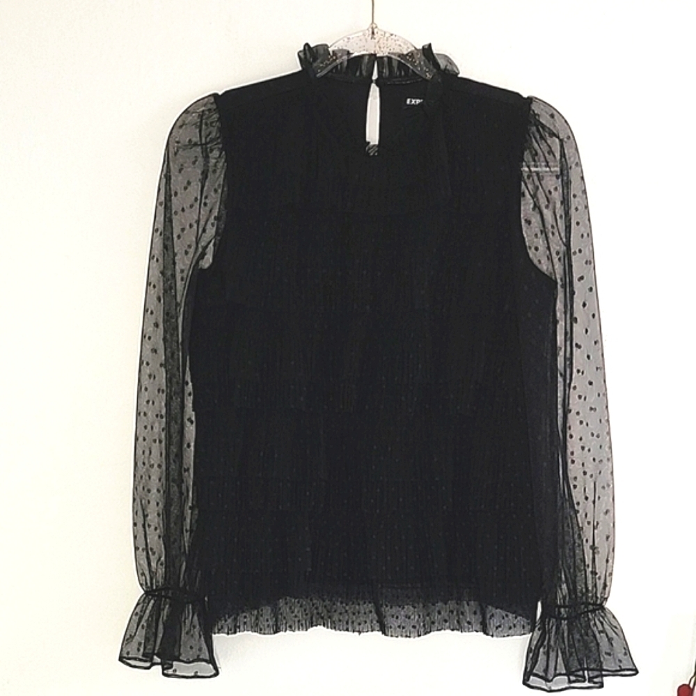 NWOT Express Black Sheer Polka Dot Blouse